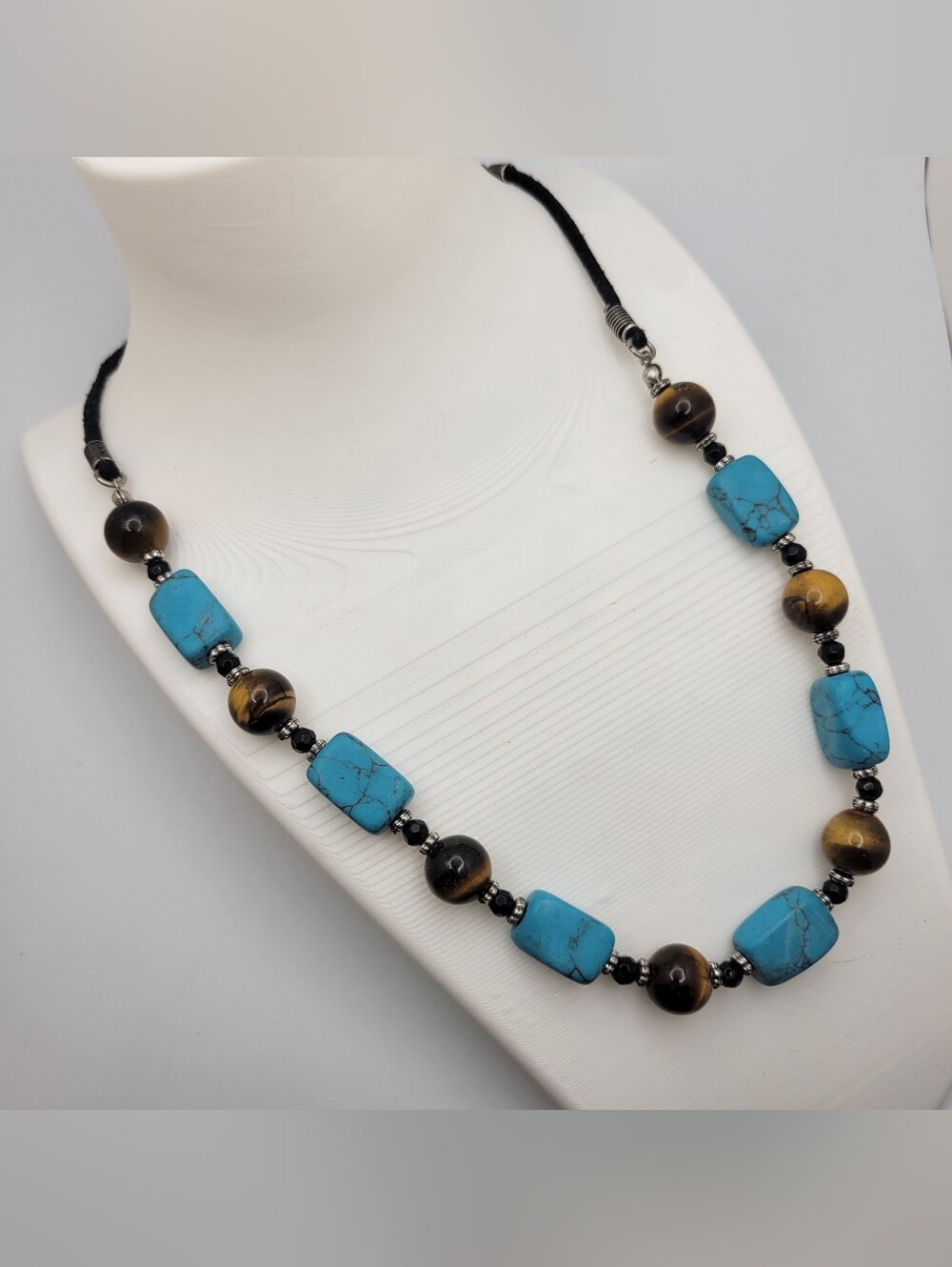 Lia Sophia Turquoise Tiger's Eye Bead Necklace Black Cord Silver Tone
